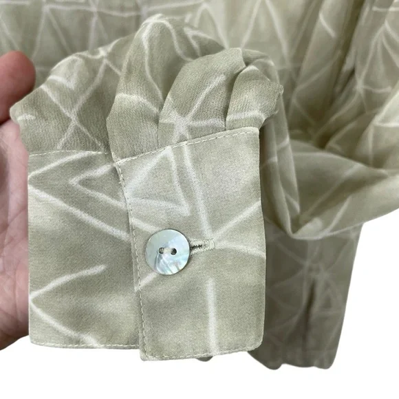 Vtg 90s NWT Tess 100% Silk Button Down Blouse Green Beige Semi-Sheer Size L - Picture 6 of 11